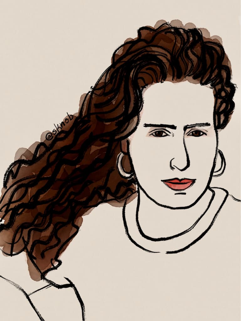 Portrait de Lina Soualem, au pastel gras et à l’aquarelle.