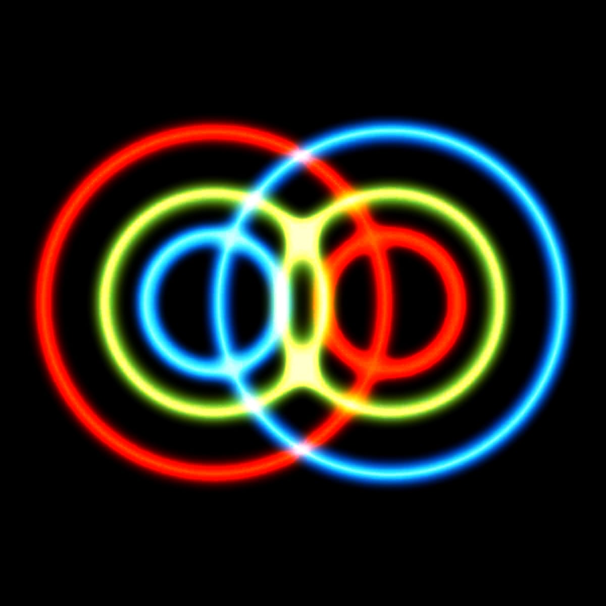 A scientific representation of quantum entanglement, showing two sets of concentric rings interfering with each other, in yellows, blues and reds on a black background.