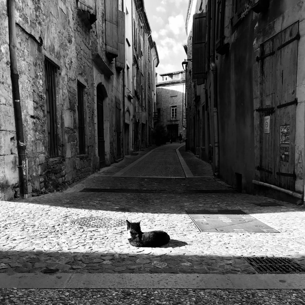 Photo en noir et blanc d’une ruelle sombre de mon village médiéval. Un chat noir est allongé dans un rayon de soleil provenant d’une ruelle adjacente.