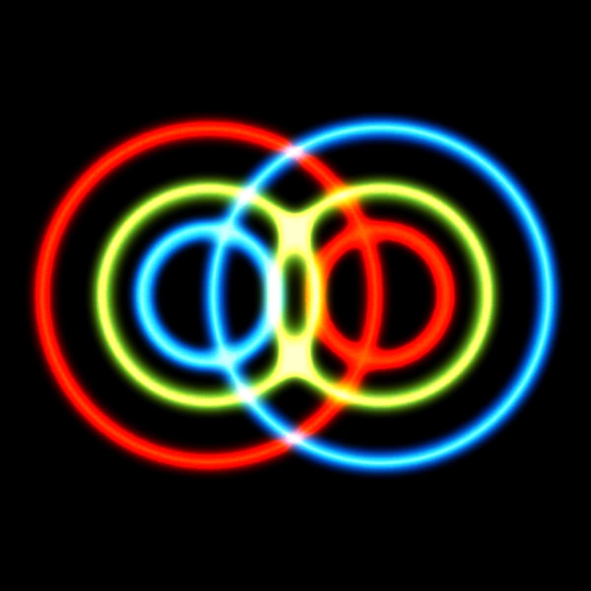 A visual representation of quantum entanglement, showing two sets of concentric rings interfering with each other, in yellows, blues and reds on a black background.