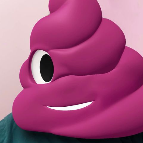 Giant purple poo emoji with googly eyes.