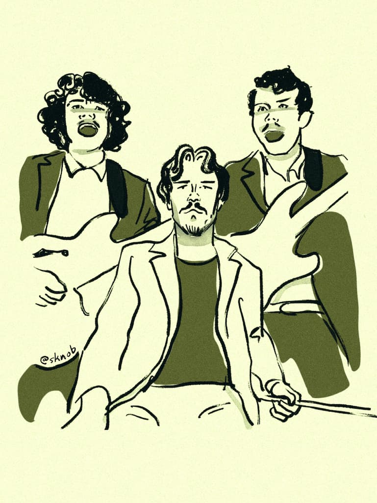 Portrait des trois membres du groupe Bops, au pastel gras, avec aplats de gris pour l’ombrage.