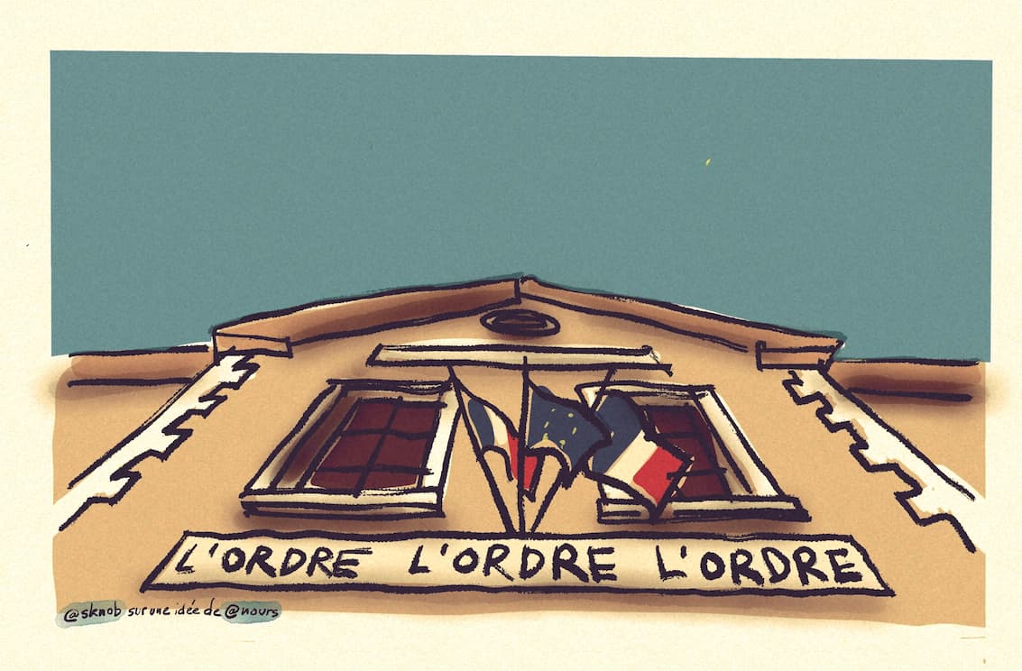 Dessin stylisé aux couleurs vieillottes d’un fronton de mairie sur lequel on peut lire la devise « l’ordre l’ordre l’ordre »