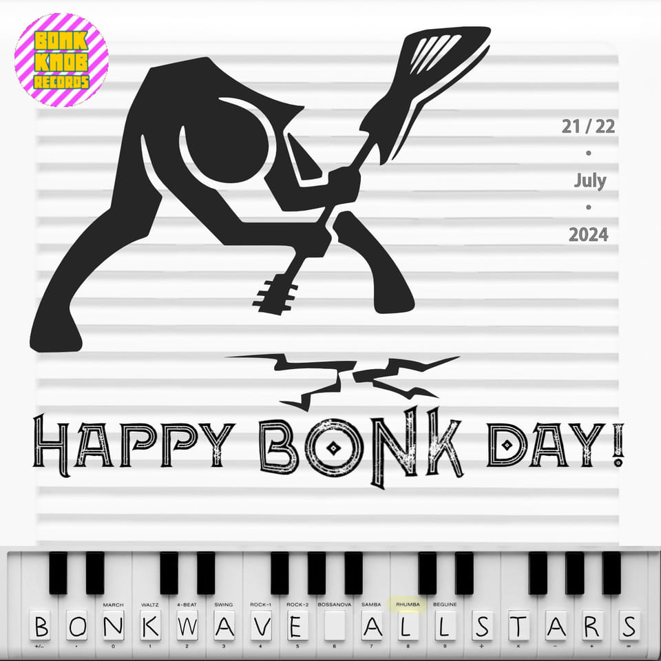 Cover art of the Happy Bonk Day EP by Bonkwave Allstars, showing a stylized person smashing their guitar.